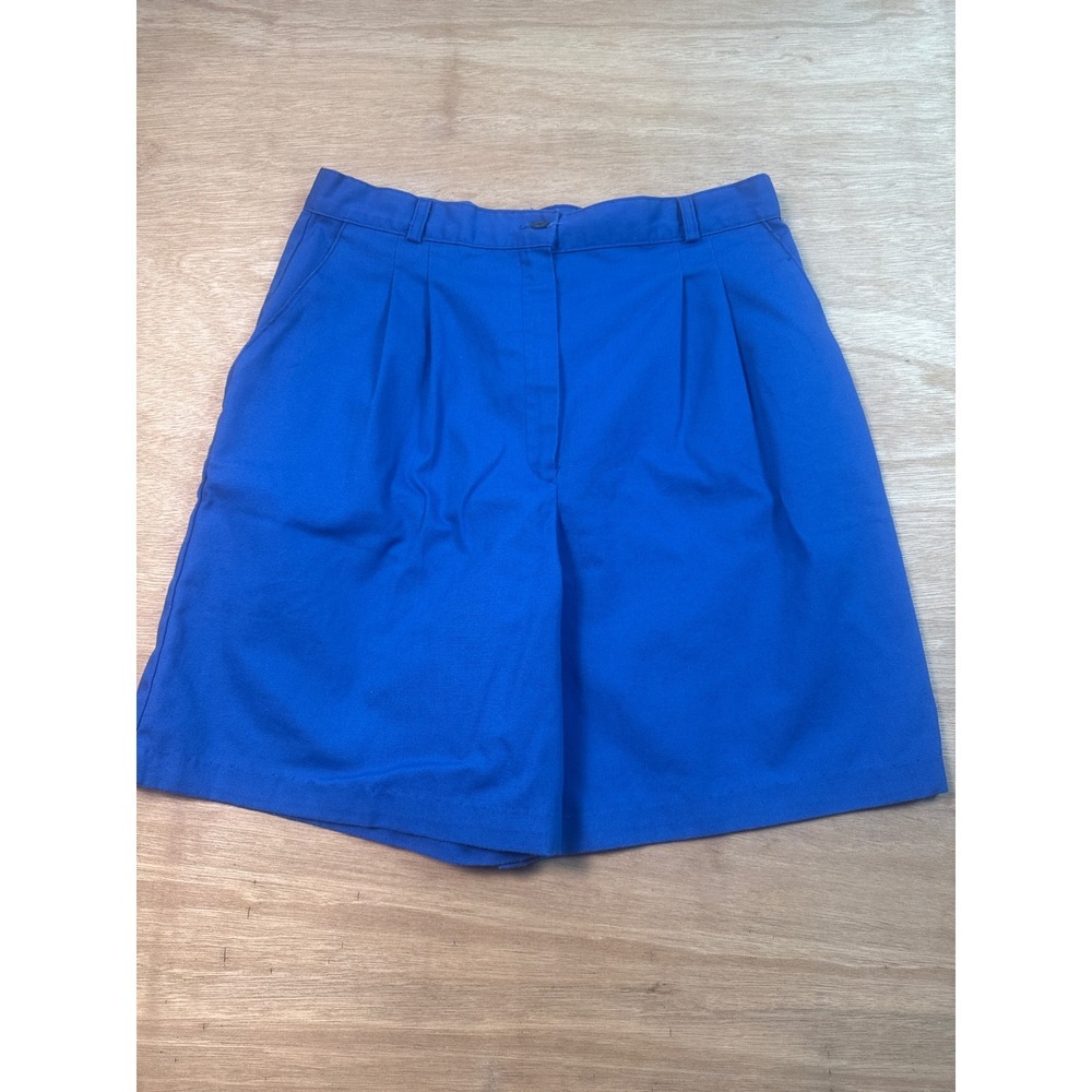 Vintage Pleated Shorts Women Size 14 Blue High Waisted Cotton Blend Retro